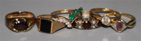 Six assorted 9ct gold gem set rings.